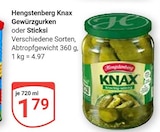 Knax Gewürzgurken oder Sticksi im Angebot bei GLOBUS in Oberhausen Knax Gewürzgurken oder Sticksi Angebote von Hengstenberg bei GLOBUS Oberhausen für 1,79 €