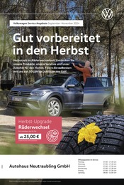 Aktueller Volkswagen Werkstatt & Auto Prospekt in Hagelstadt und Umgebung, "Mit frischen Reifen durch den Herbst" mit 1 Seite, 01.09.2024 - 30.11.2024