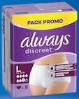 Culottes ou serviettes pour fuites urinaires pack promo - ALWAYS DISCREET en promo chez Super U Metz à 4,32 €
