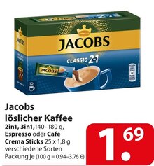 Jacobs löslicher Kaffee 2in1, 3in1, Espresso oder Cafe Crema Sticks bei famila Nordost in Hamburg Jacobs löslicher Kaffee 2in1, 3in1, Espresso oder Cafe Crema Sticks im Angebot bei famila Nordost Hamburg für 1,69 €