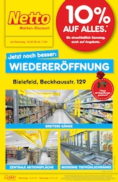 Netto Marken-Discount Prospekt für Bielefeld mit 4 Seiten Netto Marken-Discount Prospekt "Wiedereröffnung - 10% auf ALLES" für Bielefeld, 4 Seiten, 19.05.2026 - 23.05.2026