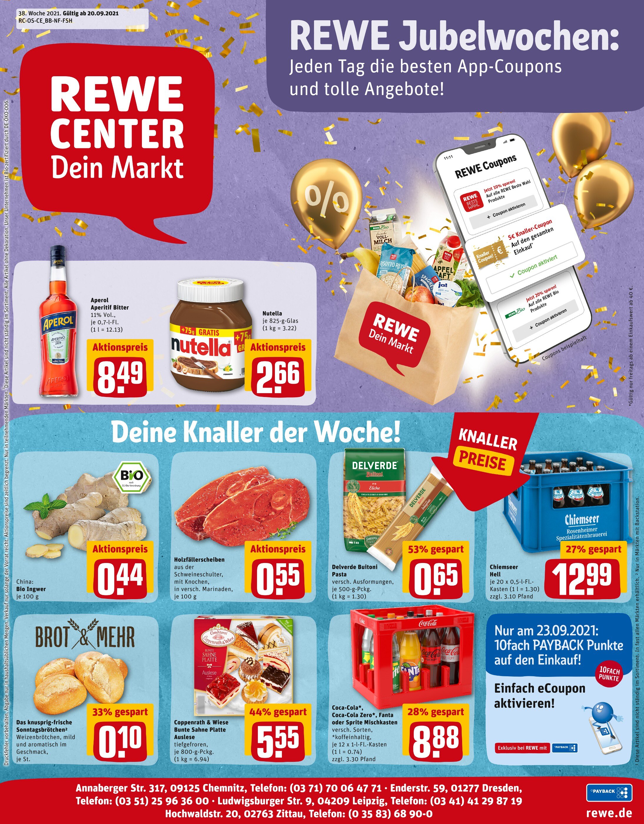 REWE Prospekt für Dresden mit 25 Seiten REWE Prospekt für Dresden: "Angebote im Markt", 25 Seiten, 20.09.2021 - 25.09.2021