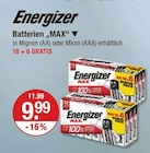 Batterien „MAX“ im V-Markt Prospekt Batterien „MAX“ von Energizer im aktuellen V-Markt Prospekt für 9,99 €