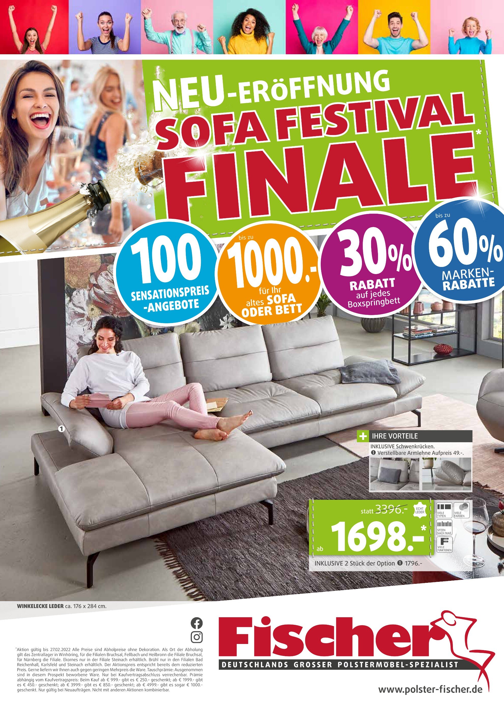 Polstermöbel Fischer Prospekt für Freilassing mit 8 Seiten Polstermöbel Fischer Prospekt für Freilassing: "NEU-ERÖFFNUNG SOFA FESTIVAL FINALE", 8 Seiten, 20.01.2022 - 02.02.2022