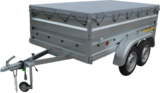 Remorque double essieu avec réhausses rigides + bâche en promo chez Brico Dépôt Brest à 1 190,00 €