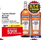Lot de 2 Ricard 45 % vol. - RICARD en promo chez Cora Roubaix à 53,50 €
