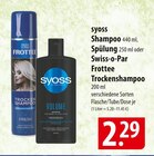 syoss Shampoo, Spülung oder Swiss-o-Par Frottee Trockenshampoo Angebote bei famila Nordost Neustadt für 2,29 €