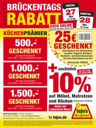 tejo's SB Lagerkauf Prospekt für Aschersleben, Sachs-Anh mit 1 Seite tejo's SB Lagerkauf Prospekt für Aschersleben, Sachs-Anh: BRÜCKENTAGS-RABATT, 1 Seite, 26.05.2022 - 28.05.2022