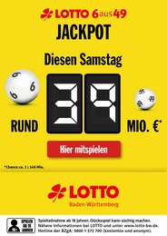 Supermarkt Prospekt von Lotto Baden-Württemberg Friedrichshafen Lotto Baden-Württemberg Prospekt: "Diesen Samstag rund 39 Mio. im Jackpot", 1 Seite, 23.03.2023 - 25.03.2023
