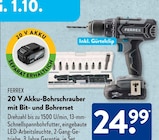 20 V Akku-Bohrschrauber mit Bit- und Bohrerset von FERREX im aktuellen ALDI SÜD Prospekt für 24,99 €