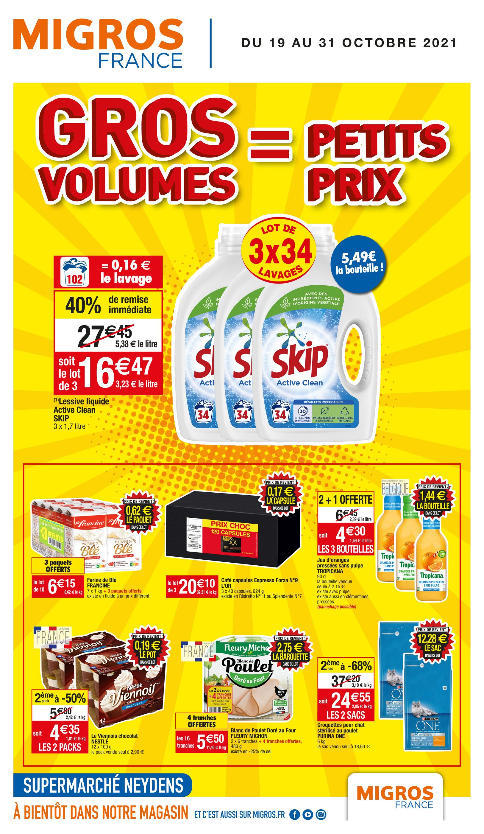 Catalogue Migros France à Ambilly, avec 4 pages Prospectus Migros France à Ambilly, "Gros volumes = Petits prix", 4 pages, 19/10/2021 - 31/10/2021
