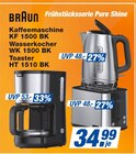 Kaffeemaschine KF 1500 BK oder Wasserkocher WK 1500 BK oder Toaster HT 1510 BK Angebote von Braun bei famila Nordost Falkensee für 34,99 €