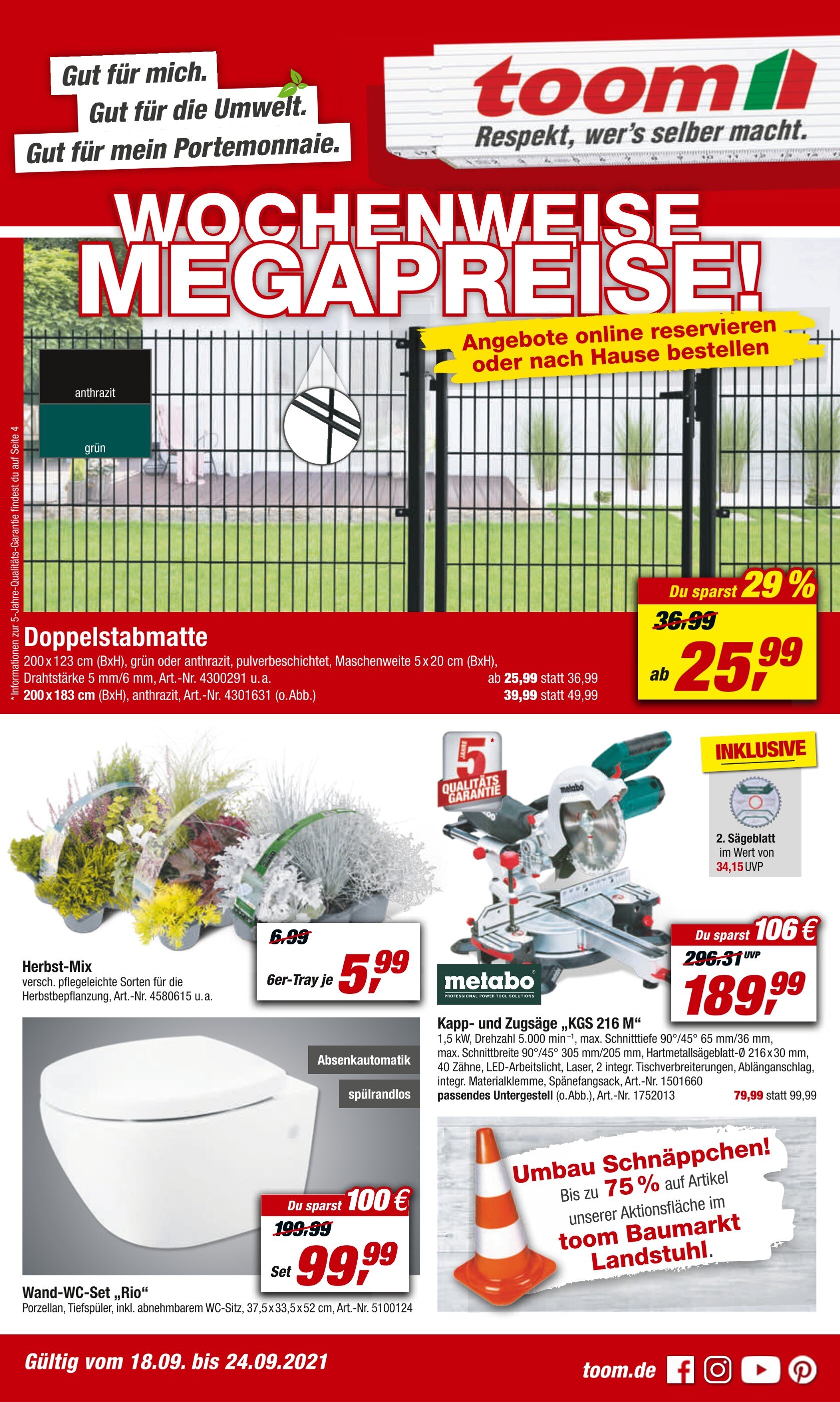 toom Baumarkt Prospekt für Homburg mit 24 Seiten toom Baumarkt Prospekt für Homburg: "WOCHENWEISE MEGAPREISE!", 24 Seiten, 18.09.2021 - 24.09.2021