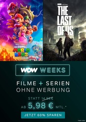 Fernseher im WOW Prospekt in Stadtbergen Aktueller WOW Prospekt mit Fernseher, "WOW Weeks - Filme + Serien ohne Werbung ab 5,98€", Seite 1