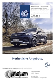 Aktueller Volkswagen Werkstatt & Auto Prospekt in Fuchshain und Umgebung, "Herbstliche Angebote." mit 1 Seite, 01.09.2025 - 30.11.2025