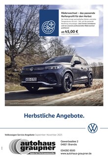 Volkswagen Brandis Prospekt der aktuellen Woche, gültig von 01.09.2025 bis 30.11.2025 Aktueller Volkswagen Brandis Prospekt "Herbstliche Angebote." mit 1 Seite