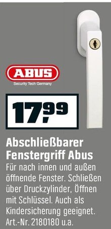 Abschließbarer Fenstergriff bei OBI in Saarbrücken Abschließbarer Fenstergriff im Angebot bei OBI Saarbrücken für 17,99 €