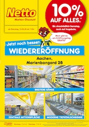 Netto Marken-Discount Prospekt für Aachen mit 6 Seiten Netto Marken-Discount Prospekt für Aachen: "Wiedereröffnung - 10% auf ALLES.", 6 Seiten, 13.05.2025 - 17.05.2025