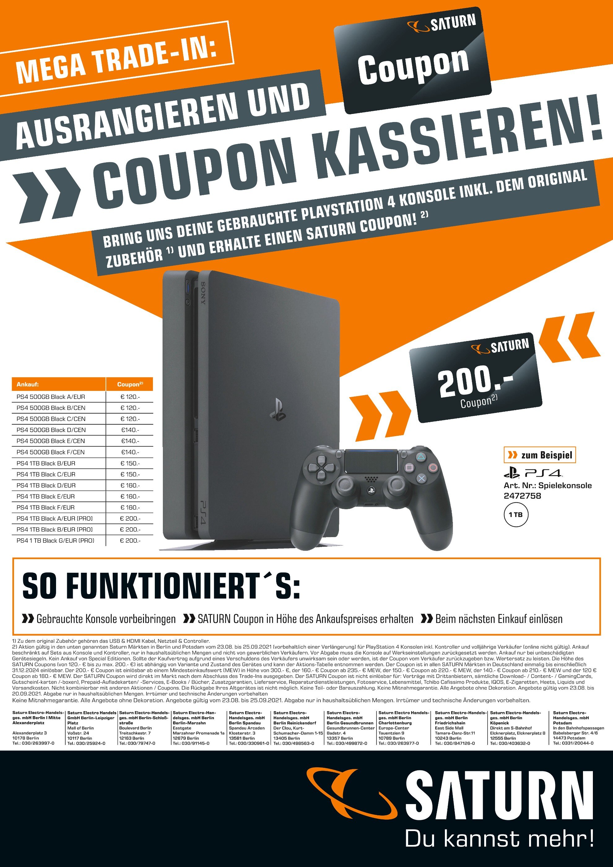 Saturn Prospekt für Potsdam mit 1 Seite Saturn Prospekt für Potsdam: "COUPON KASSIEREN!", 1 Seite, 20.09.2021 - 25.09.2021