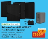 Balkonkraftwerk 800 W/800 W Flex Bifazial mit Speicher von GREENSOLAR für 1.299,00 € bei ALDI Nord im Angebot Balkonkraftwerk 800 W/800 W Flex Bifazial mit Speicher von GREENSOLAR im aktuellen ALDI Nord Prospekt