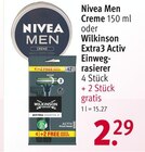 Creme oder Extra3 Activ Einwegrasierer im Angebot bei Rossmann in Aschaffenburg Creme oder Extra3 Activ Einwegrasierer Angebote von Nivea Men oder Wilkinson bei Rossmann Aschaffenburg für 2,29 €