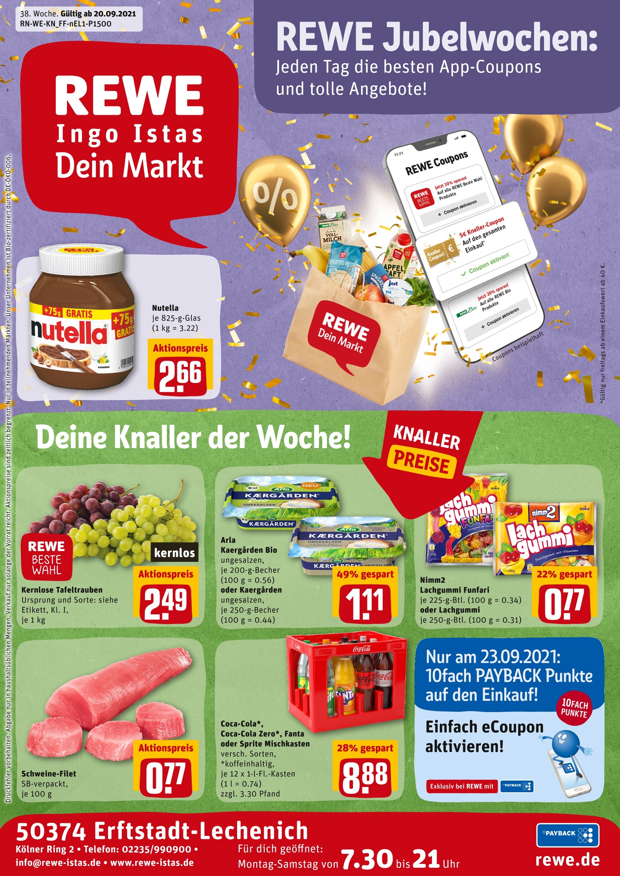 REWE Prospekt für Erftstadt mit 29 Seiten REWE Prospekt für Erftstadt: "Angebote im Markt", 29 Seiten, 20.09.2021 - 25.09.2021