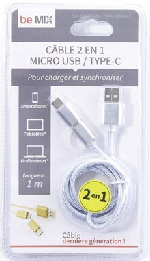 Cable tresse 2 en 1 micro usb type - Géant Casino à Dijon Cable tresse 2 en 1 micro usb type en promo chez Géant Casino Dijon à 2,90 €
