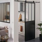 Ensemble porte coulissante atelier noire 3 vitrages transparents H.204 x l.83 cm et système de rail en acier en promo chez Castorama Ensemble porte coulissante atelier noire 3 vitrages transparents H.204 x l.83 cm et système de rail en acier dans le catalogue Castorama