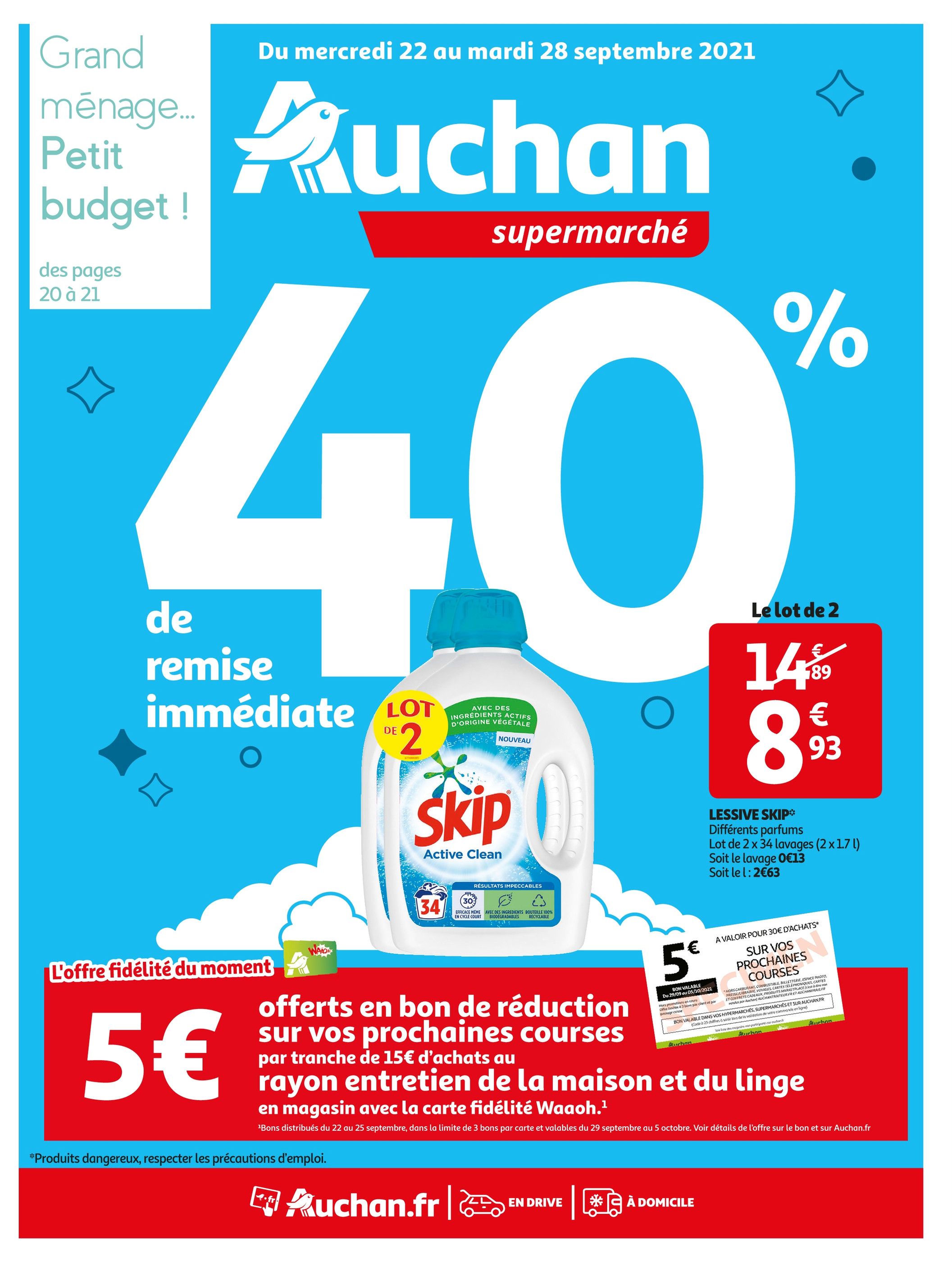 Catalogue Auchan à Houilles, avec 24 pages Prospectus Auchan à Houilles, "40% de remise immédiate", 24 pages, 22/09/2021 - 28/09/2021