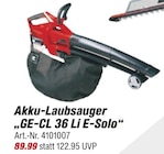 Akku-Laubsauger „GE-CL 36 Li E-Solo“ im toom Baumarkt Prospekt Akku-Laubsauger „GE-CL 36 Li E-Solo“ von Einhell im aktuellen toom Baumarkt Prospekt für 89,99 €