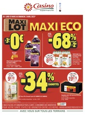 Catalogue Casino Supermarchés à Paris cette semaine, valable du 20/03/2023 au 02/04/2023 Prospectus Casino Supermarchés à Paris, "MAXI LOT MAXI ECO", 35 pages de promos valables du 20/03/2023 au 02/04/2023