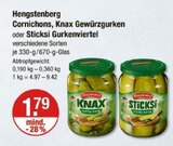 Cornichons, Knax Gewürzgurken oder Sticksi Gurkenviertel Angebote von Hengstenberg bei V-Markt Regensburg für 1,79 €