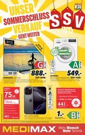 MEDIMAX Elektromärkte Prospekt der aktuellen Woche mit 8 Seiten, gültig von 29.08.2025 bis 05.09.2025, in Oberhausen und Umgebung Aktueller MEDIMAX Elektromärkte Prospekt in Oberhausen und Umgebung, "UNSER SOMMERSCHLUSSVERKAUF GEHT WEITER!" mit 8 Seiten, 29.08.2025 - 05.09.2025