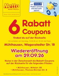 Netto Marken-Discount Prospekt für Mühlhausen mit 2 Seiten Netto Marken-Discount Prospekt für Mühlhausen: "6 Rabatt-Coupons", 2 Seiten, 17.08.2026 - 22.08.2026