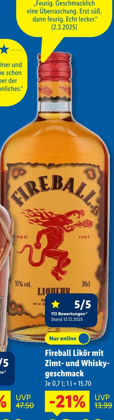 Fireball Likör mit Zimt- und Whiskygeschmack