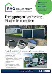 Aktueller RHG Baucentrum Prospekt (Thalheim (Erzgebirge), 1 Seite zum blättern RHG Baucentrum Prospekt Fertiggaragen Schlüsselfertig. Mit allem Drum und Dran. mit 1 Seite