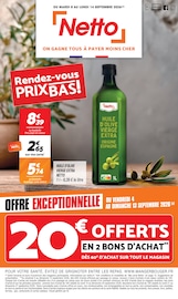 Catalogue Netto à Liévin cette semaine, valable du 08/09/2026 au 14/09/2026 Prospectus Netto à Liévin, "Rendez-vous PRIX BAS !", 20 pages de promos valables du 08/09/2026 au 14/09/2026