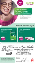 mea - meine apotheke Apotheken Prospekt der aktuellen Woche mit 4 Seiten, gültig von 01.08.2025 bis 31.08.2025, in Plauen und Umgebung Aktueller mea - meine apotheke Apotheken Prospekt in Plauen und Umgebung, "Unsere August-Angebote" mit 4 Seiten, 01.08.2025 - 31.08.2025
