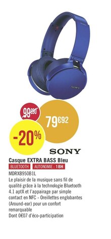 Casque extra bass bleu - Géant Casino à Aix-en-Provence Casque extra bass bleu en promo chez Géant Casino Aix-en-Provence à 79,92 €