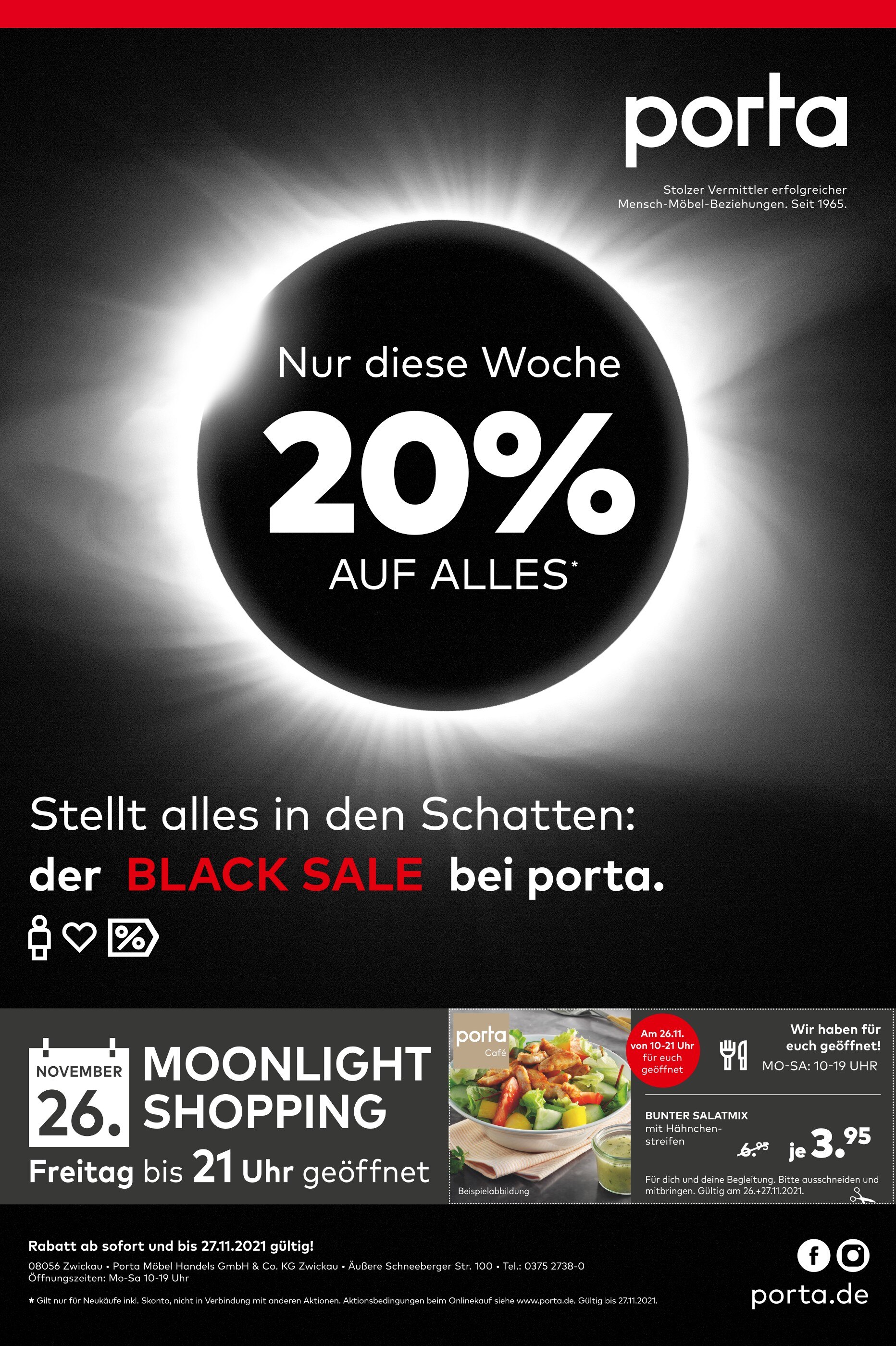 porta Möbel Prospekt für Zwickau mit 1 Seite porta Möbel Prospekt für Zwickau: "Nur diese Woche 20% AUF ALLES", 1 Seite, 21.11.2021 - 27.11.2021
