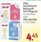 Feuchttücher Babysanft Zart Pflegend oder Ultra Sensitiv von Hipp für 4,45 € bei Rossmann im Angebot Feuchttücher Babysanft Zart Pflegend oder Ultra Sensitiv von Hipp im aktuellen Rossmann Prospekt