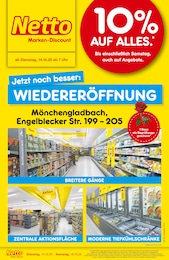 Netto Marken-Discount Prospekt für Mönchengladbach mit 4 Seiten Netto Marken-Discount Prospekt für Mönchengladbach: "Wiedereröffnung - 10% auf ALLES", 4 Seiten, 14.10.2025 - 18.10.2025