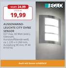 PROFI Wesch Mühlhausen - AUSSENWAND-LEUCHTE CITY OHNE SENSOR Angebot im Prospekt AUSSENWAND-LEUCHTE CITY OHNE SENSOR bei PROFI Wesch im Mühlhausen Prospekt für 19,99 €