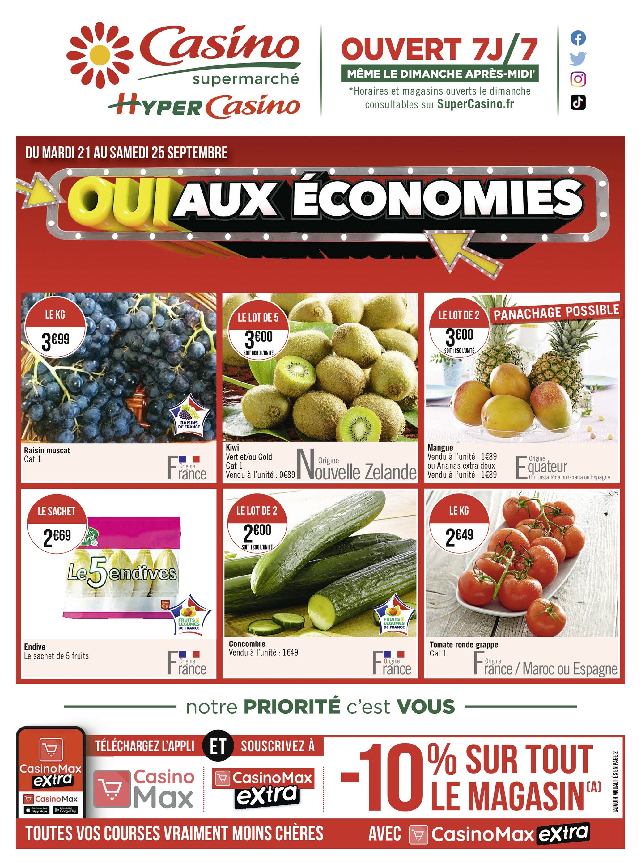 Catalogue Casino Supermarchés à Le Guerno, avec 2 pages Prospectus Casino Supermarchés à Le Guerno, "Oui aux économies", 2 pages, 21/09/2021 - 25/09/2021