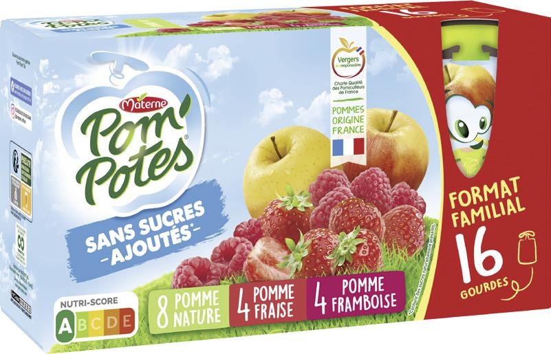 Pom’Potes sans sucres ajoutés Pomme Nature Pomme Fraise Pomme Framboise