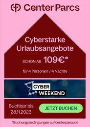Center Parcs Prospekt für Hockenheim mit 1 Seite Center Parcs Prospekt für Hockenheim: "Cyberstarke Urlaubsangebote", 1 Seite, 24.11.2023 - 28.11.2023