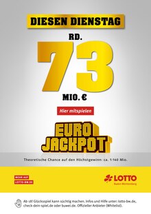 Aktueller Lotto Baden-Württemberg Christophruhe Prospekt "Diesen Dienstag rund 73 Mio. im Jackpot" mit 1 Seite