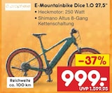 E-Mountainbike Dice 1.0 27,5” im Netto Marken-Discount Prospekt E-Mountainbike Dice 1.0 27,5” von Prophete im aktuellen Netto Marken-Discount Prospekt für 999,00 €