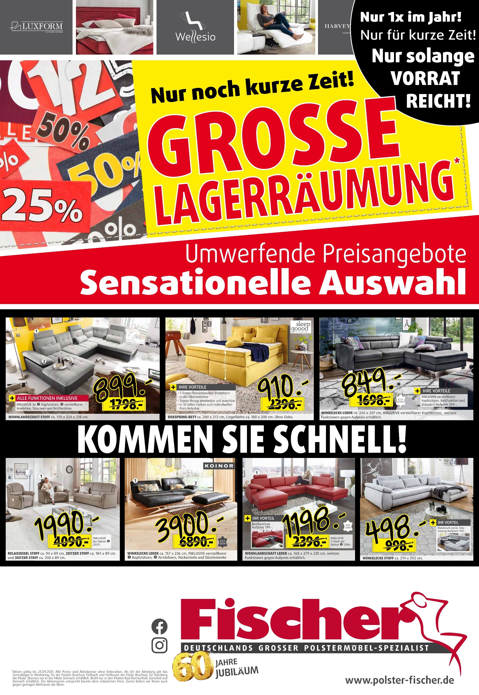 Polstermöbel Fischer Prospekt für Cham mit 2 Seiten Polstermöbel Fischer Prospekt für Cham: "GROSSE LAGERRÄUMUNG*", 2 Seiten, 22.09.2021 - 29.09.2021