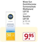 Gesichtscreme Sonnenschutz Mattierend LSF 50 oder Sensitiv LSF 50 Angebote von Nivea Sun bei Rossmann Weinheim für 9,95 €